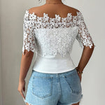 Floral Lace Spliced Off-Shoulder Fitted Top
