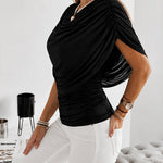 Elegant Ruched Cowl Neck Mesh Drape Top