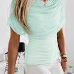 Elegant Ruched Cowl Neck Mesh Drape Top