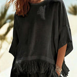 Casual Relaxed Fringed Hem Flowy Blouse