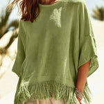Casual Relaxed Fringed Hem Flowy Blouse