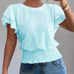 Cute Eyelet Embroidery Ruffle Sleeve Cotton Blend Blouse