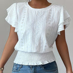 Cute Eyelet Embroidery Ruffle Sleeve Cotton Blend Blouse
