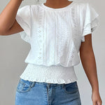 Cute Eyelet Embroidery Ruffle Sleeve Cotton Blend Blouse