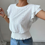 Cute Eyelet Embroidery Ruffle Sleeve Cotton Blend Blouse