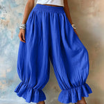 Casual Smocked Waist Wide Leg Ruffle Hem Balloon Pants