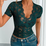 Fashion Deep V-neck Elastic Floweral Lace Top