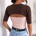 Versatile Colorblock Short Sleeve Fake 2-Piece Knit Top