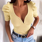 Chic Romantic Puff Sleeve Deep V-neck Ribbed Knit Fitted Top