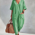 Casual Loose V-Neck Double Pocket Harem Jumpsuit