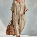 Casual Loose V-Neck Double Pocket Harem Jumpsuit