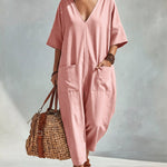 Casual Loose V-Neck Double Pocket Harem Jumpsuit