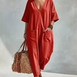 Casual Loose V-Neck Double Pocket Harem Jumpsuit