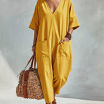 Casual Loose V-Neck Double Pocket Harem Jumpsuit