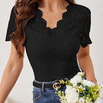 Scalloped Lace V Neck Short Sleeve Eyelet Top