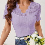 Scalloped Lace V Neck Short Sleeve Eyelet Top