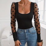 Elegant Polka Dot Mesh Sleeve Knit Fitted Top