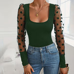 Elegant Polka Dot Mesh Sleeve Knit Fitted Top