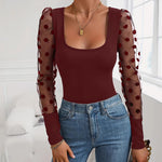 Elegant Polka Dot Mesh Sleeve Knit Fitted Top