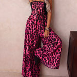 Leopard Print Square Neck Wide Leg Overall Jumpsuit