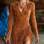 Modern Retro Style Faux Suede Tassel Dress