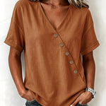 Casual Comfort Asymmetrical Button Short Sleeve Blouse