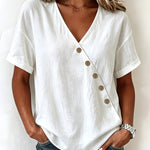 Casual Comfort Asymmetrical Button Short Sleeve Blouse
