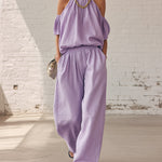 Casual Cold Shoulder Tops and Wide Leg Pants Set