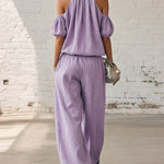 Casual Cold Shoulder Tops and Wide Leg Pants Set