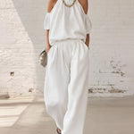 Casual Cold Shoulder Tops and Wide Leg Pants Set