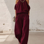 Casual Cold Shoulder Tops and Wide Leg Pants Set