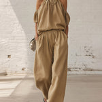 Casual Cold Shoulder Tops and Wide Leg Pants Set