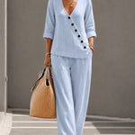 Minimalist Slanted Button Top and Wide Leg Pants Set