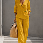 Minimalist Slanted Button Top and Wide Leg Pants Set