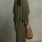 Flowy Chiffon Overlay Cape Sleeve Maxi Dress