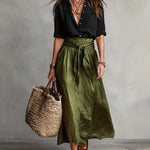 Elegant Button-Up Shirt and High-Waist Tie Maxi Skirt Set