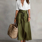 Elegant Button-Up Shirt and High-Waist Tie Maxi Skirt Set