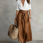 Elegant Button-Up Shirt and High-Waist Tie Maxi Skirt Set