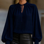 Chiffon Lantern Sleeve Lace-Up Collar Blouse