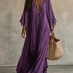 Bohemian Style Lace Trim Batwing Sleeve Maxi Dress