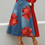 Artistic Floral Print A-Line Denim Skirt
