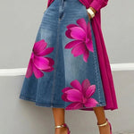 Artistic Floral Print A-Line Denim Skirt
