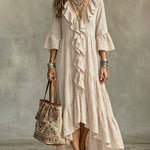 Flowy Vacation Deep V-neck Ruffled Dress