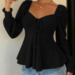 Cute Eyelet Textured Chiffon Peplum Hem Blouse