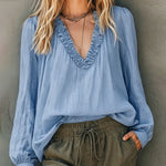 Casual Ruffled V-Neck Puff Sleeve Textured Blouse