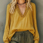 Casual Ruffled V-Neck Puff Sleeve Textured Blouse