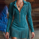Retro Western Style Fringed Faux Suede Dress