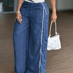 Casual High Waist Contrast Color Textured Wide-Leg Pants