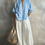Ruched Collar Blouse And Wide Leg Pants Set