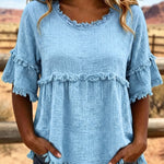 Casual Cotton Blend Fringe Trim Raw Edge Blouse